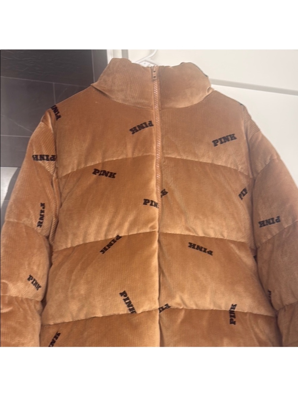 PINK Victoria's Secret Tan Corduroy Puffer Jacket with Black Logo
